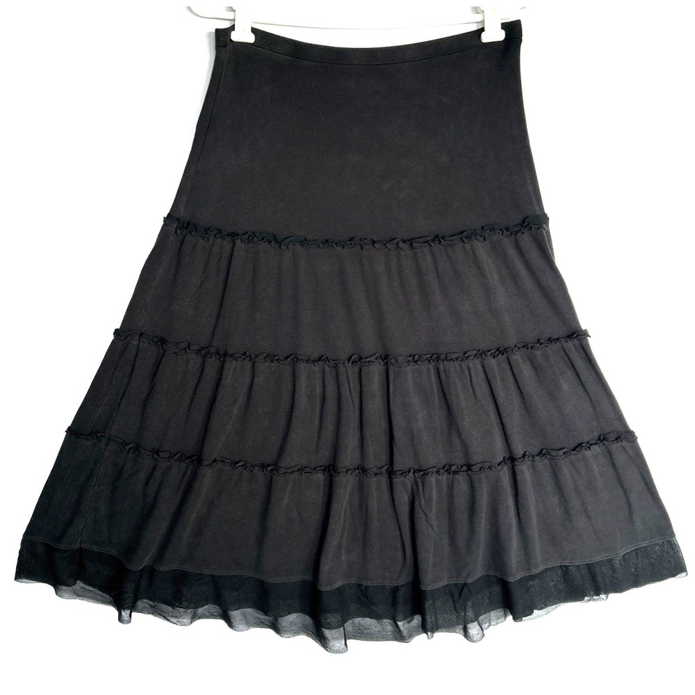 Ann Taylor Tiered Lyocell Pull On Whimsigoth‎ Mesh Hem Trim Midi Skirt M L Black